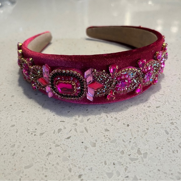Hot Pink Velvet Retro Valentine's Day Headband, Baroque Gemstone Decor - Picture 6 of 9